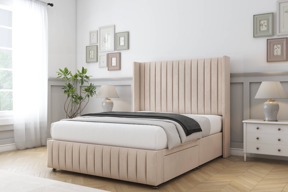 image 1 of Sloomy Marlborough Sand Naples Divan Bed With Mattress 2 Drawers Footend With 54" Wingback Headboard & 12" Matching Footboard 6' Super King | Cream | Sand | Super King | 1