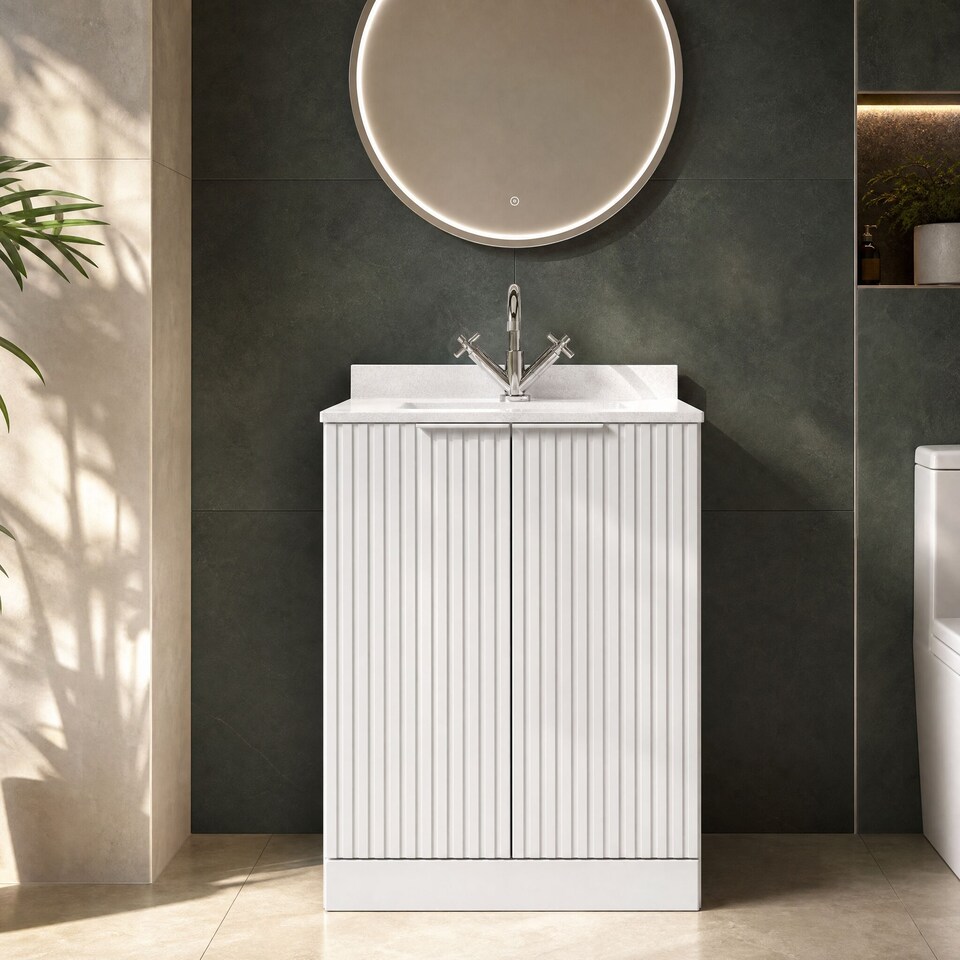 image 1 of Balterley Callingwood Contemporary Floor Standing 2 Door Vanity Unit with Marble Worktop with Basin , 600mm, Matt White