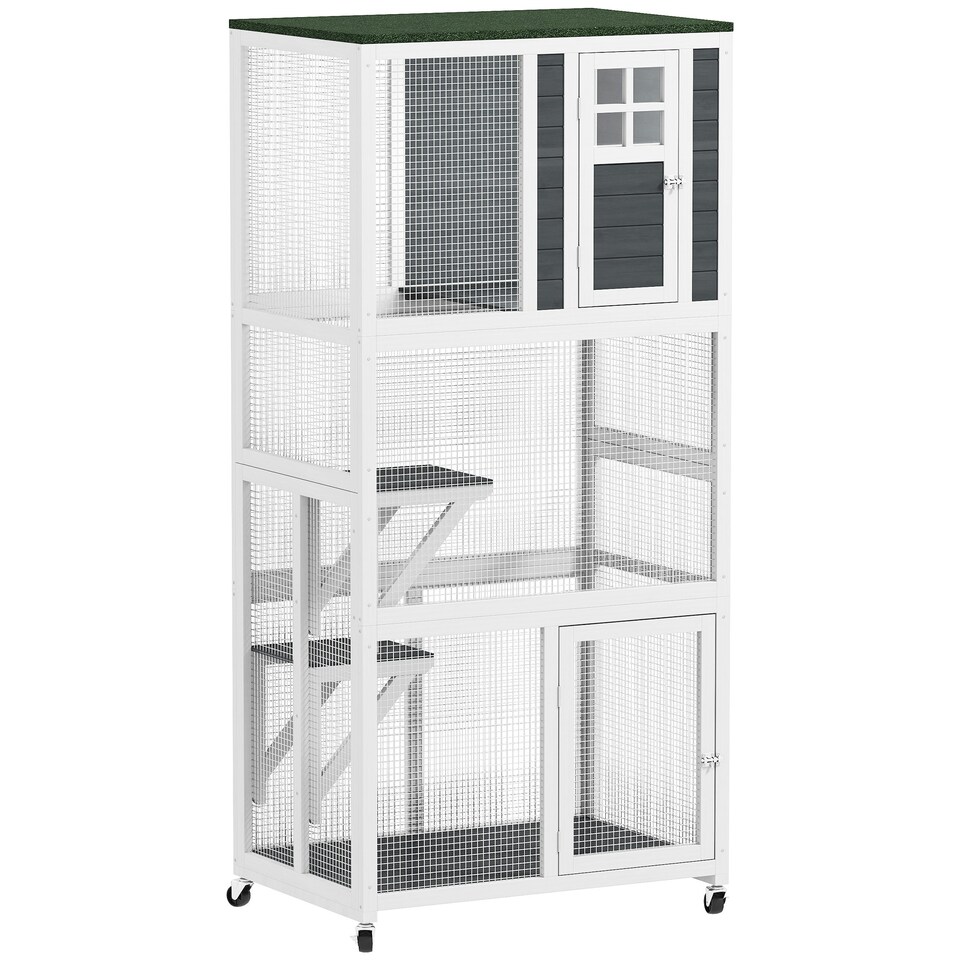 image 1 of PawHut Wooden Cat House with Asphalt Roof, Cat Cage for Multiple Cats White White | Dark grey