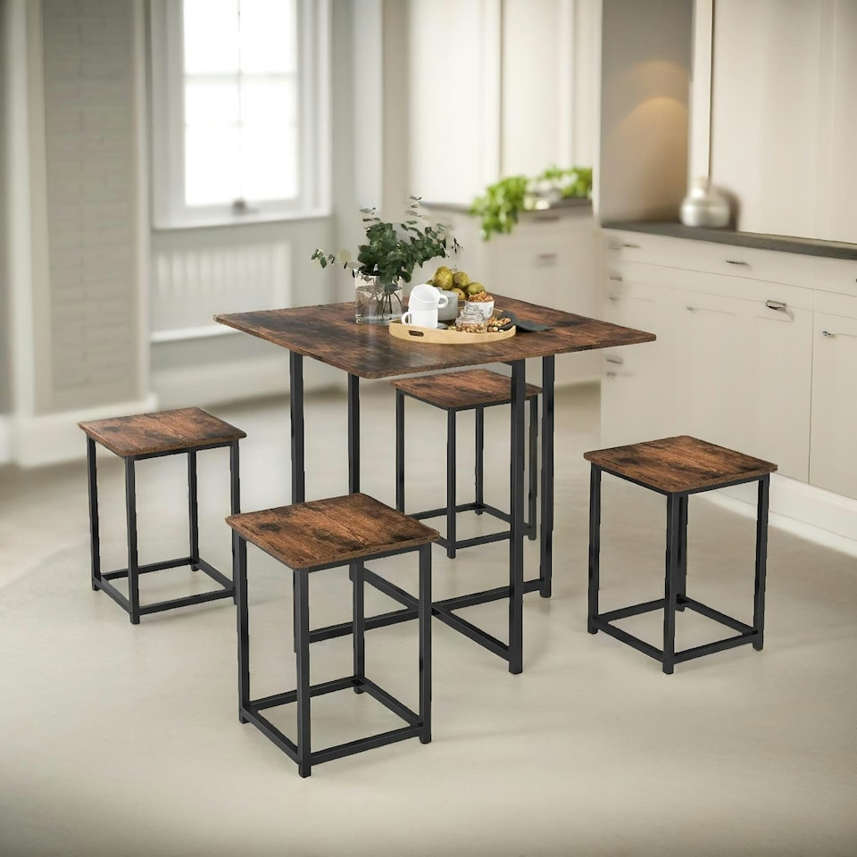 image 1 of 5-Piece Dining Table And Square Stool Set Kitchen Rustic Brown Brown