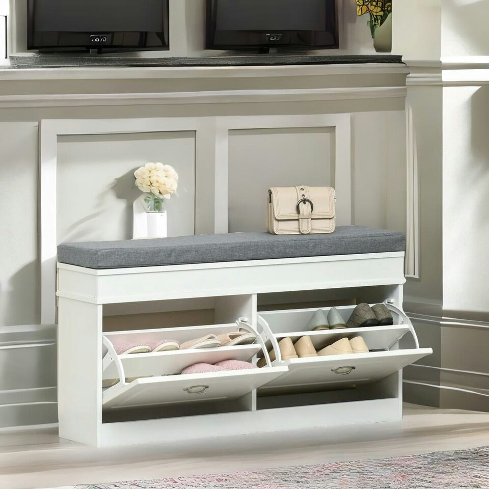 image 1 of Shoe Storage Bench With Cushioned Seat White White