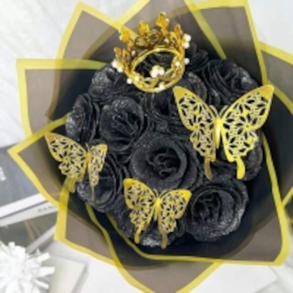 image 1 of Artificial 12 Red Rose Flower Bouquet With Glitter Crown Butterfly Wedding Party Decoration