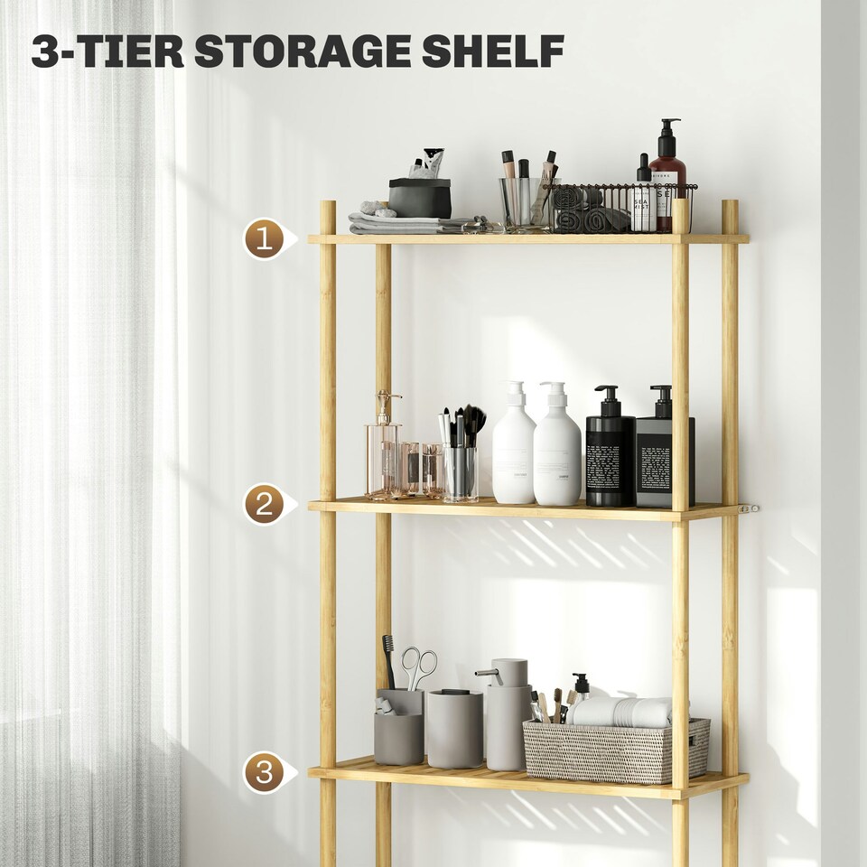 image 1 of HOMCOM Bamboo Over Toilet Storage Unit with 3 Slatted Shelves, Natural | Brown | 63.5W x 25.5D x 181H cm