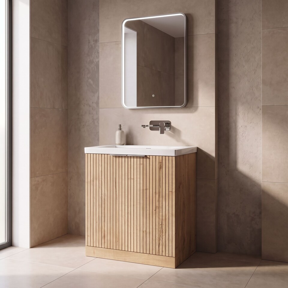 image 1 of Balterley Callingwood Contemporary Floor Standing 2 Door Vanity Unit with 0 Tap Hole Fireclay Basin , 800mm, Autumn Oak