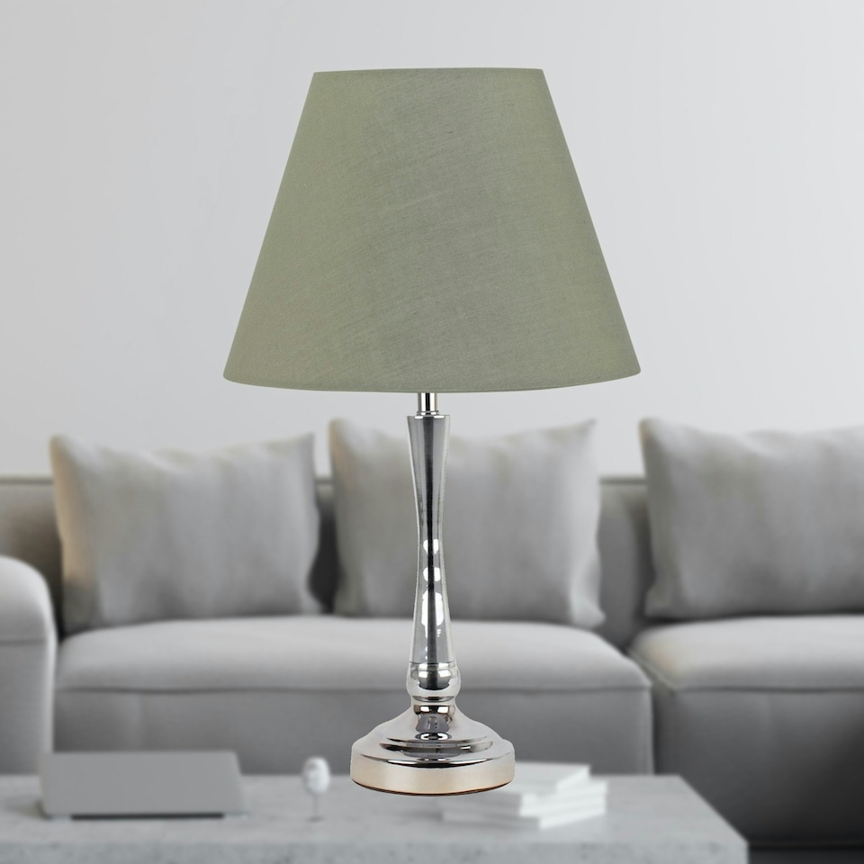 image 1 of Chrome Table Lamp with Stem Detail and Sage Green Shade Chrome | Green