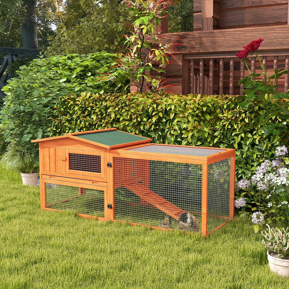 image 1 of PawHut Rabbit Hutch, Bunny Cage with Run & Sliding Tray, Hay Rack, Orange