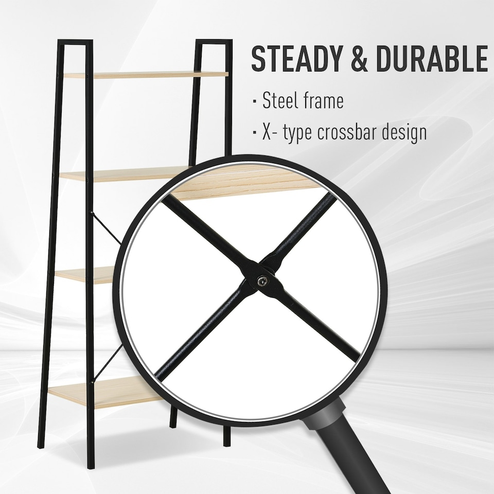 image 1 of HOMCOM 4-Tier Minimalistic Ladder Shelf Unit Steel Frame Display Storage Oak