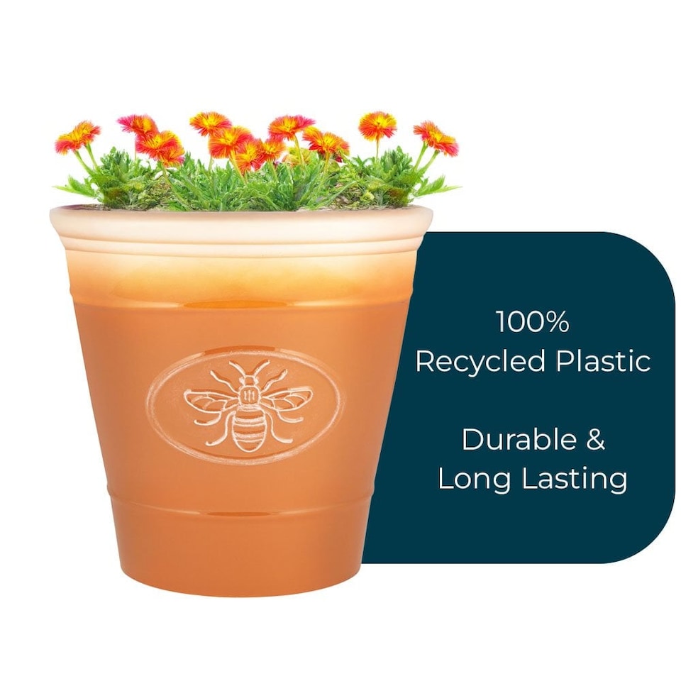 image 1 of JSH Bee Planter 14L Ceramic Look Round Plastic Flower Pot Frost & UV Resistant 30cm Round - Honey Brown