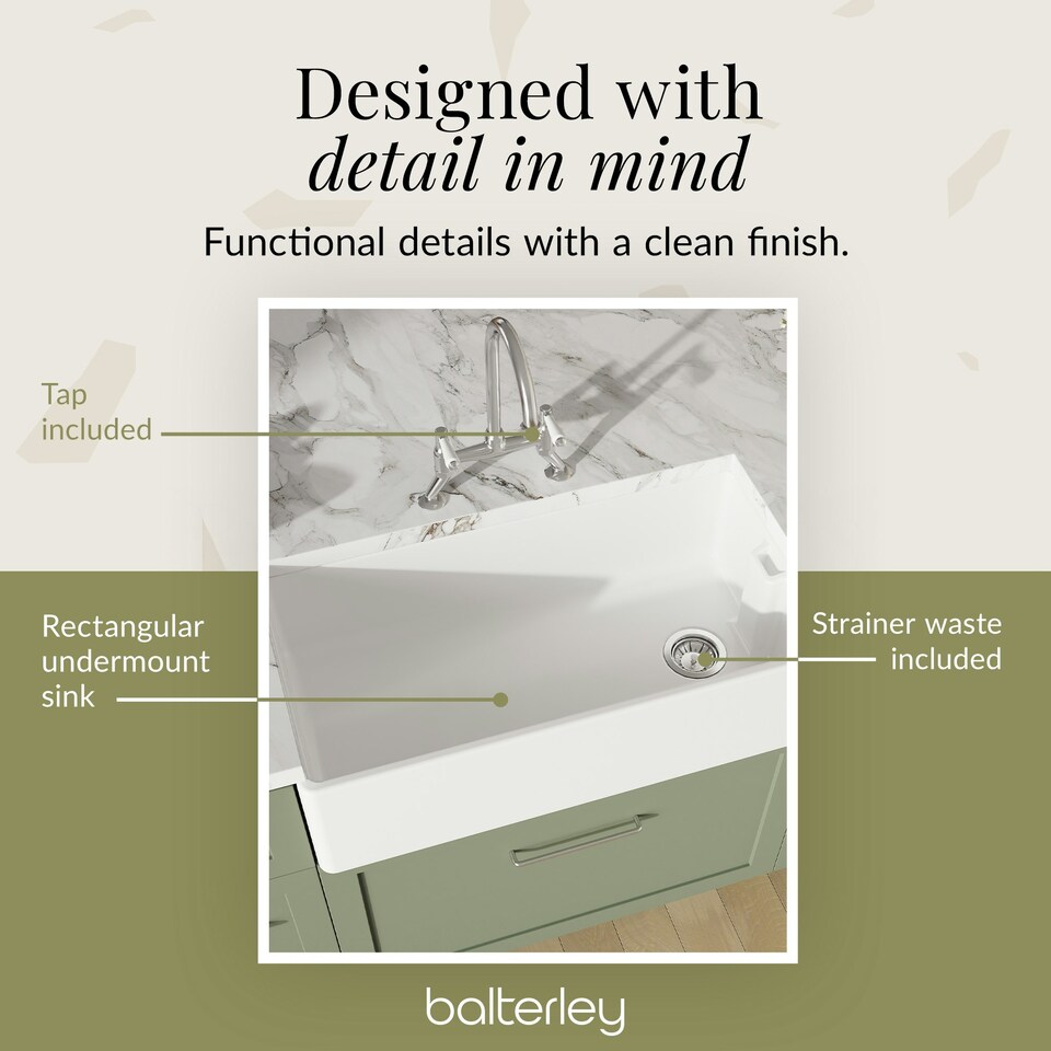 image 1 of Fireclay Kitchen Bundle Single Bowl Belfast Sink with Strainer Waste and Bridge Mixer Tap, 895mm Chrome Finish by Balterley
