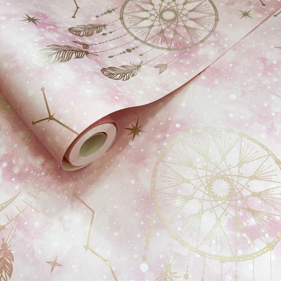 image 1 of WallpaperShop Dreamcatcher Pink Gold Wallpaper Children's Bedroom Feature Wall
