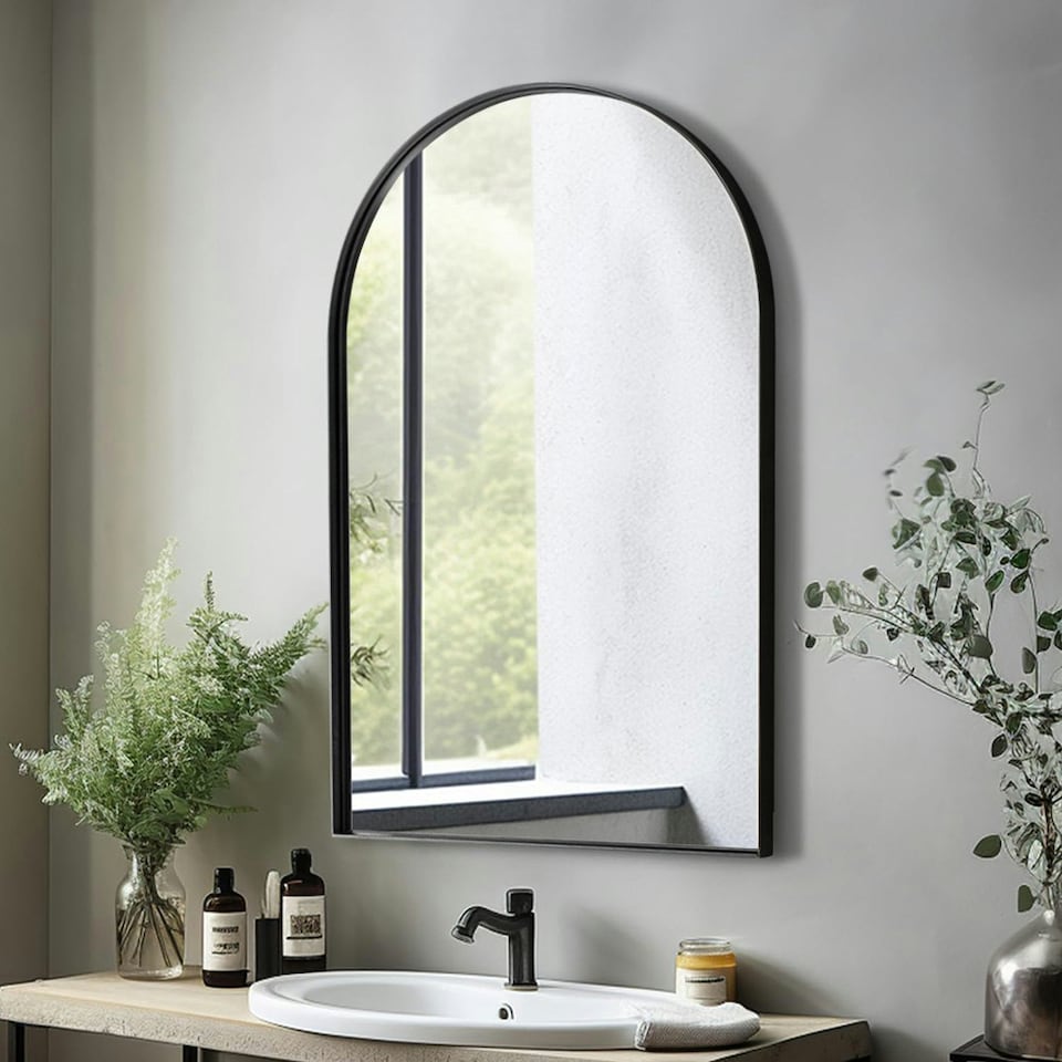 image 1 of Living and Home Arch-Shape Metal Framed Wall Mirror Decorative - 50*75cm Black