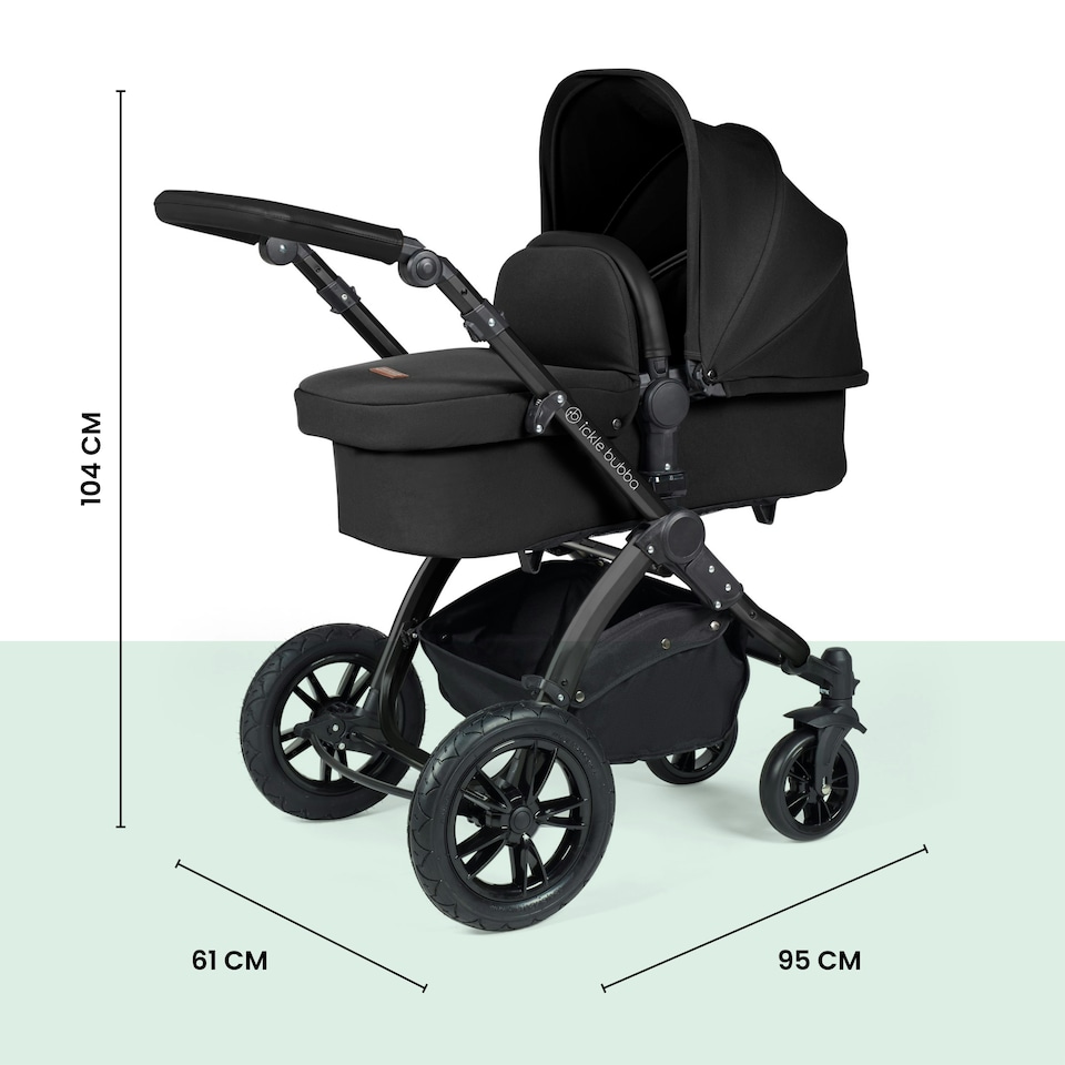 image 1 of Stomp Luxe 12pc Travel System with Cirrus i-Size Car Seat & ISOFIX Base, Carrycot, Reversible Seat, Rain Cover & More (Black/Midnight/Black)