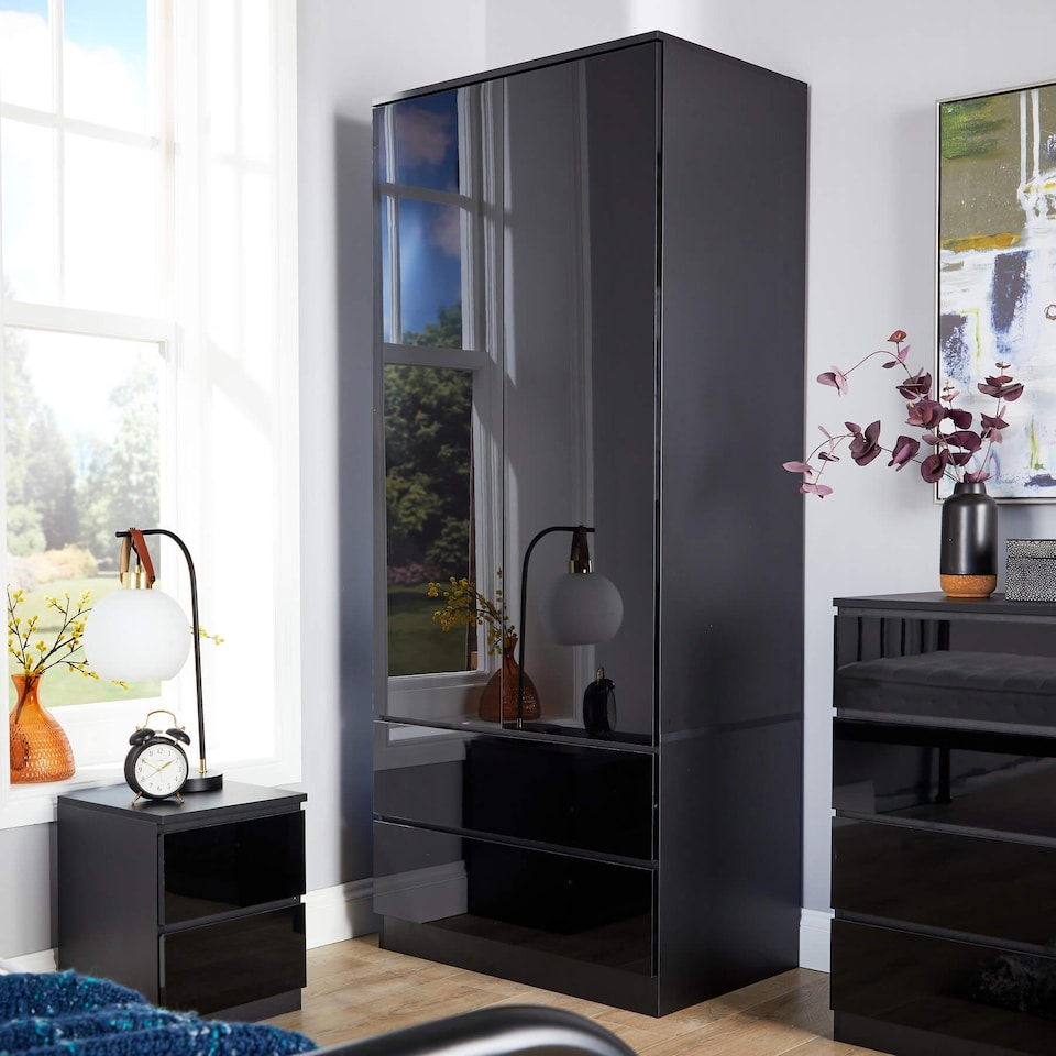 image 1 of Wardrobe 2 Door 2 Drawer Storage Cabinet Modern Home Bedroom Furniture | Black