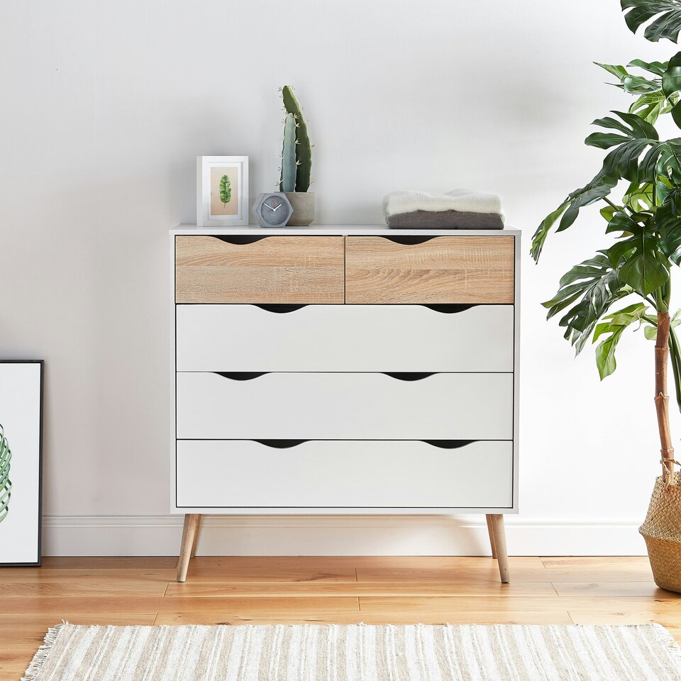 image 1 of VonHaus White and Oak Effect 5 Drawer Chest of Drawers for Bedroom White | Brown