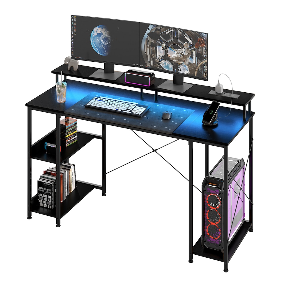 image 1 of Levede Gaming Desk Computer Table with Monitor Shelf Power Outlets RGB Light