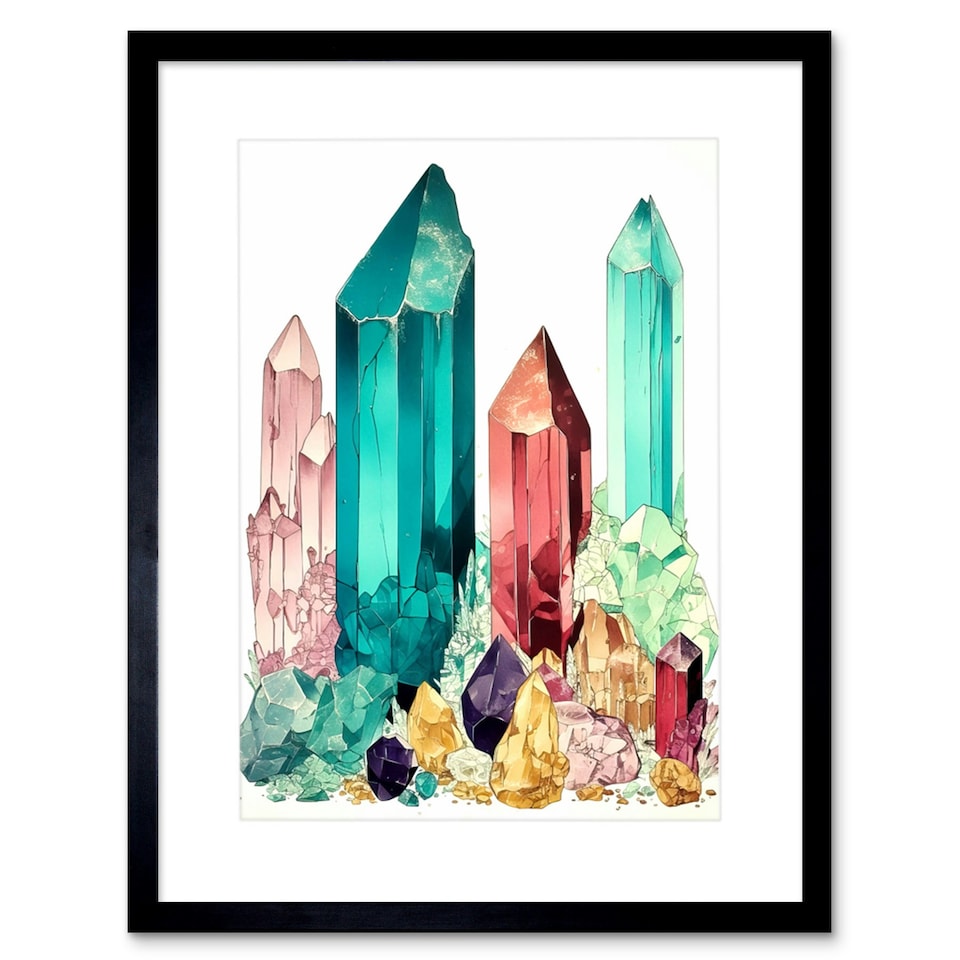 image 1 of Bright Watercolour Gemstone Crystals 9x7" Black Framed Wall Art Print