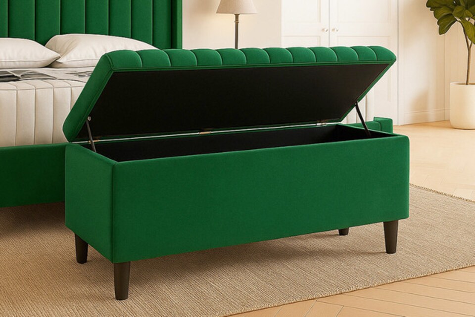 image 1 of 120cm Lined Upholstered Ottoman Storage box - Forest Green Plush Velvet Blanket Storage Box with Wooden Legs