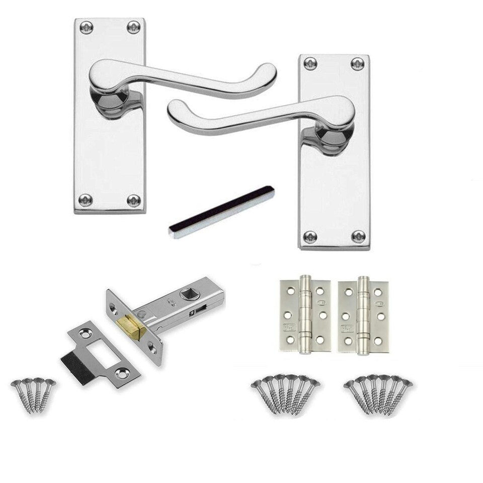 image 1 of Golden Grace 5 Sets Victorian Scroll Latch Door Handles in Polished Chrome with 1 Pair of 3" Ball Bearing Hinges & Latches Pack - 120mm x 40mm Backplate Chrome