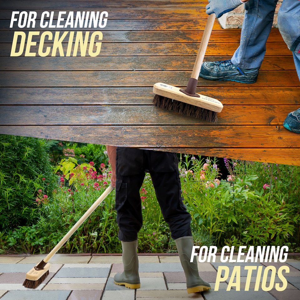 image 1 of Stiff Floor 9" Deck Scrub Brush Scrubbing Patio Scrubber Brush Broom with Handle