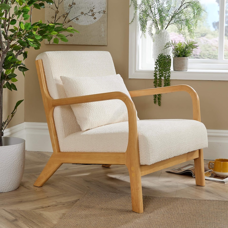 image 1 of Boucle Wooden Armchair Teddy Fur Cream Modern Home Chair Furniture Seating