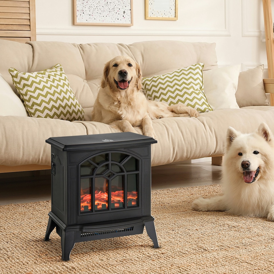 image 1 of HOMCOM Freestanding Electric Fireplace Heater w/ LED Flame 1000W/2000W Black