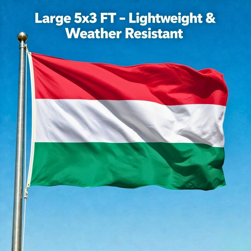 image 1 of Hungary Flag 5ft x 3ft with Brass Eyelets – Polyester Hungarian Flag Banner for Football Matches, National Celebrations, Home & Garden Display | Multi