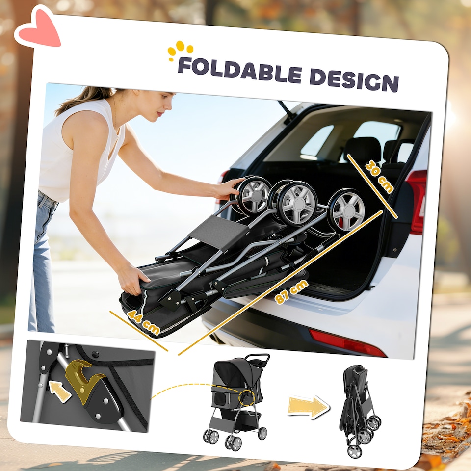 image 1 of PawHut Pet Stroller Carrier Foldable Deluxe Walk Travel Dog, Dark Grey | Grey | Dark Grey