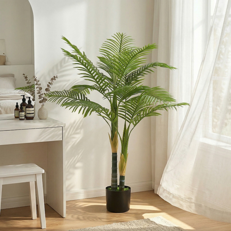 image 1 of HOMCOM 120cm Artificial Palm Tree with 14 PEVA Leaves in Pot, Green