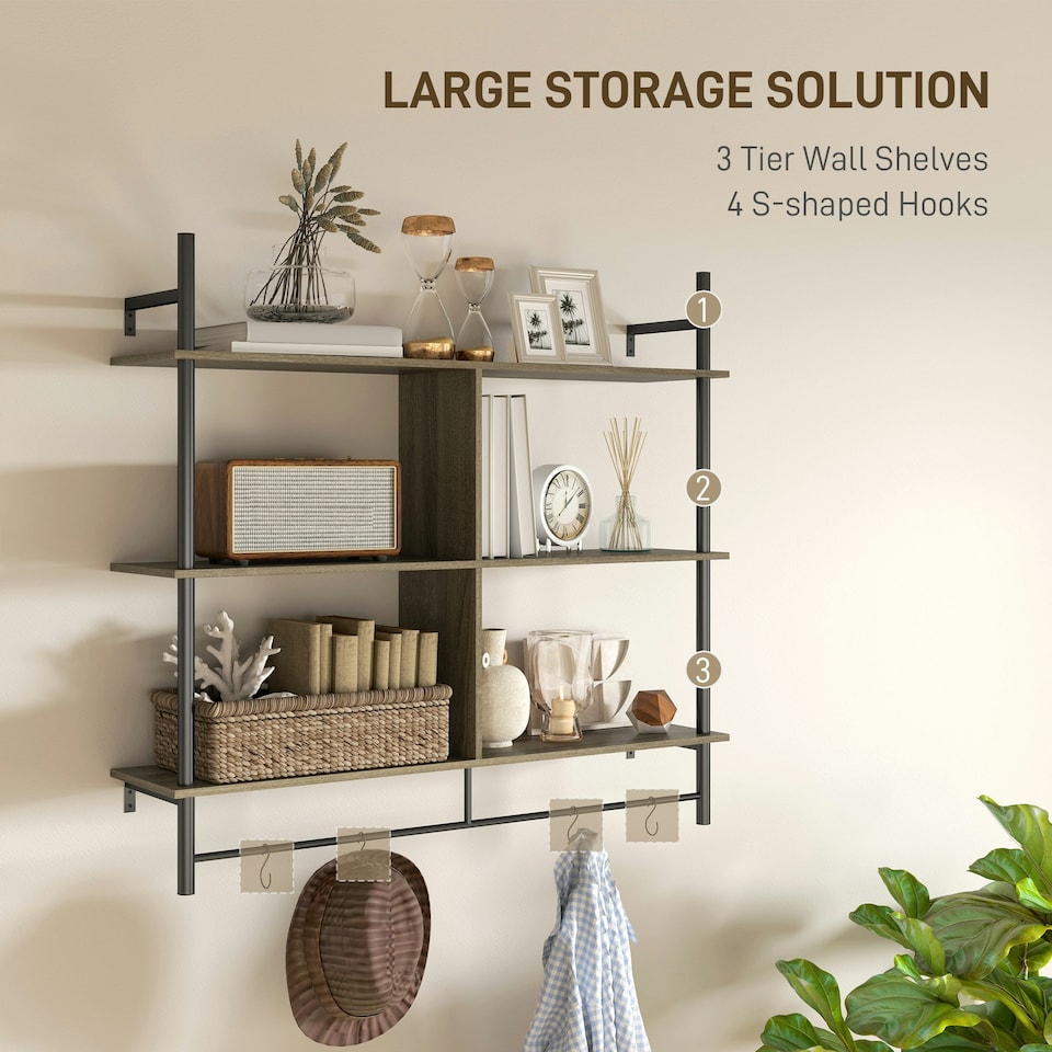 image 1 of HOMCOM Wall Shelf Unit with 4 Hooks for Living Room Grey Wood Effect
