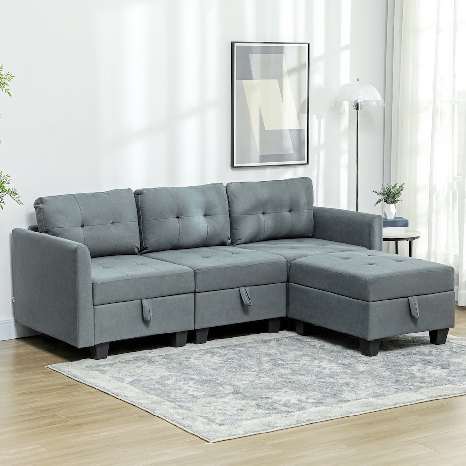 image 1 of HOMCOM Convertible Modular Sectional Sofa with Storage, Tufted 3 Seater Sofa Set, L Shaped Couch with Ottoman, Wood Frame for Living Room, Dark Grey | Grey