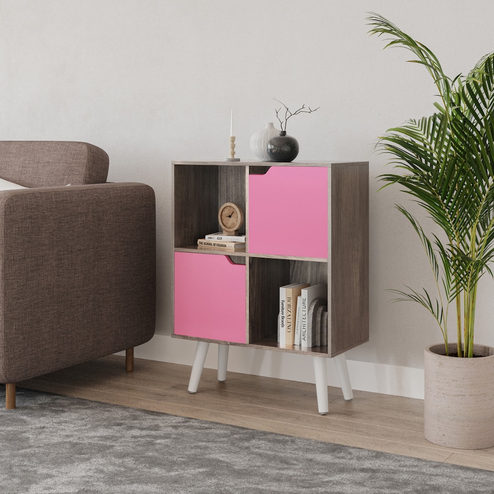 image 1 of Anthracite Oak 4-Cube Storage Unit with 2 Wooden Doors and Legs | Pink | Pink & White | 1