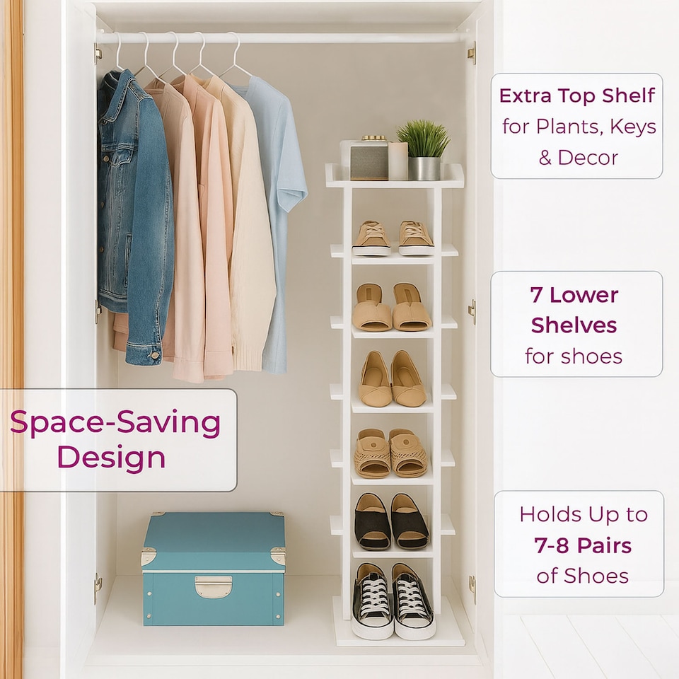 image 1 of Neo White 7 Tier Wooden Shoe Rack Slim Narrow Storage Cabinet Space-Saving Entryway Bedroom Wardrobe | White