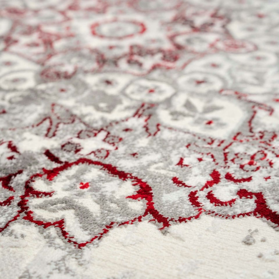 image 1 of KUKOON Silver Grey Red Distressed Traditional Medallion Runner Rug 60cm x 240cm | Grey