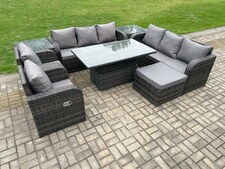 Fimous Rattan Outdoor Garden Furniture Sets Height Adjustable Rising lifting DiningTable Sofa Set with Reclining Chair 2 Side Table Big Footstool Dark Grey Mixed