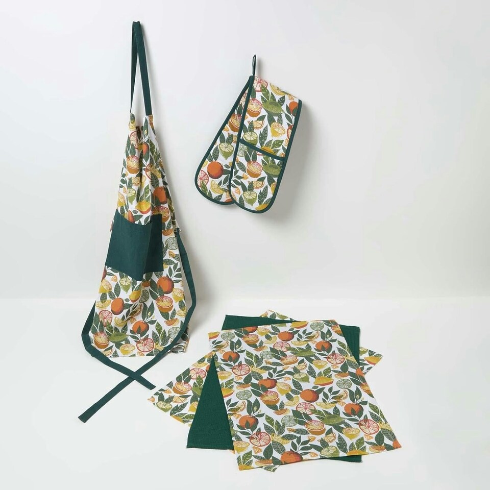 image 1 of Homescapes Citrus 100% Cotton Apron | Multi | One Size