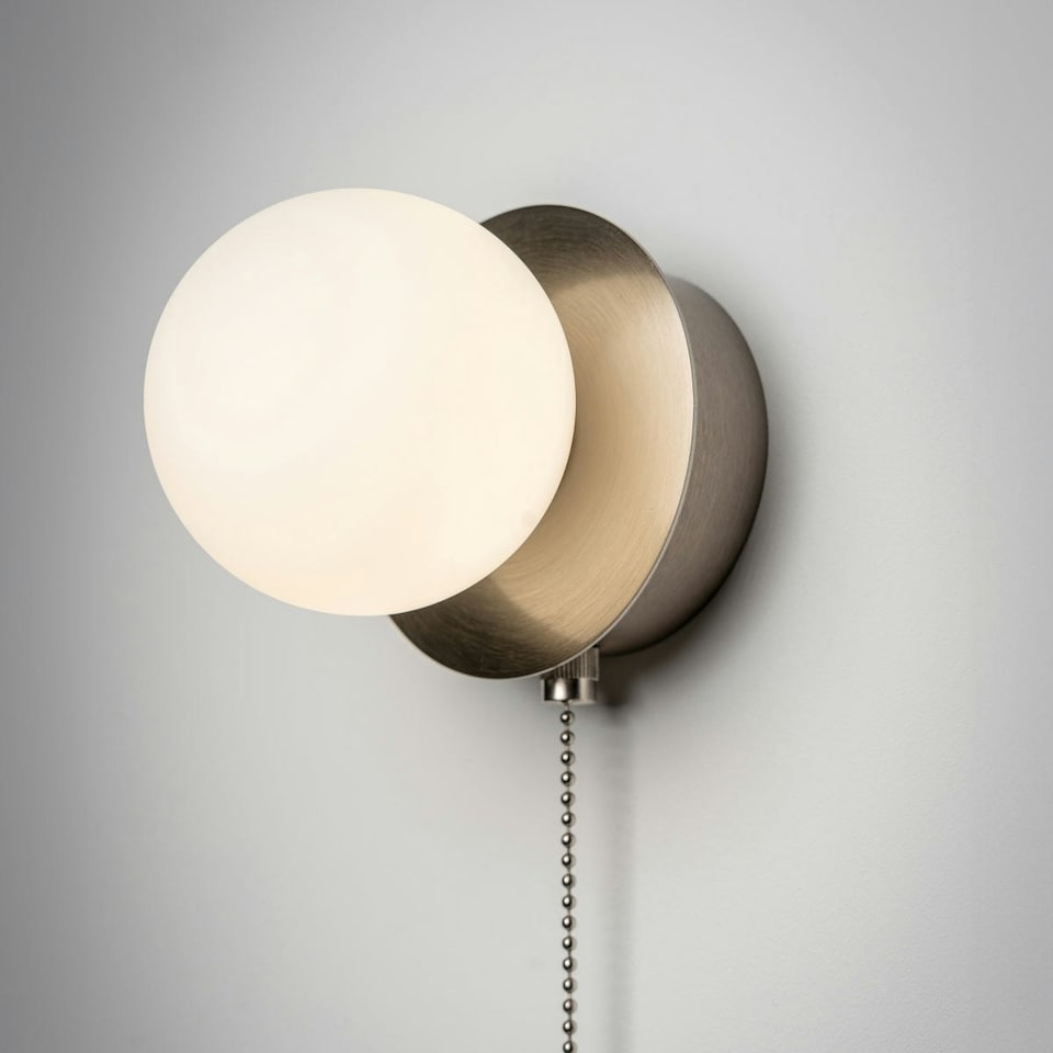 image 1 of CGC MACIE Satin Nickel & White Opal Globe LED Rechargeable Magnetic USB Reading Bedside Wall Light Pull Cord Switch Silver