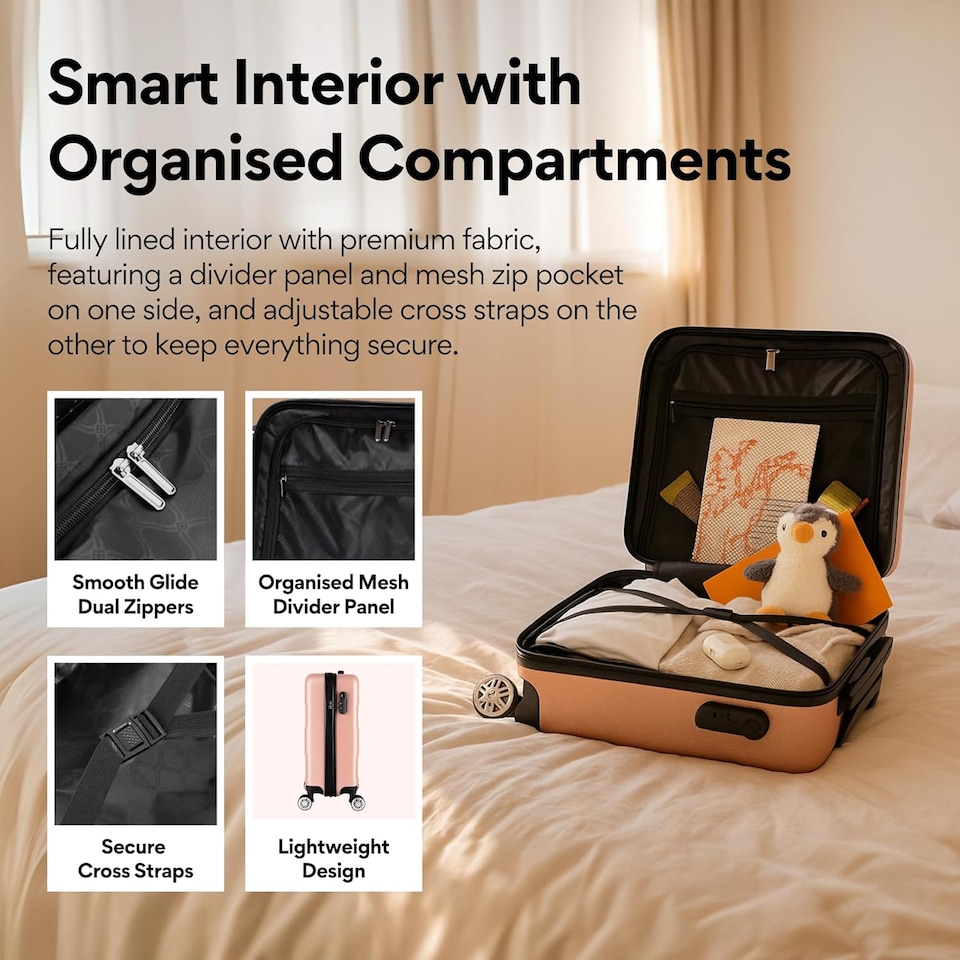 image 1 of Straame 55x40x20 cm Rose Gold Cabin Suitcase, 360° Spinner Wheels