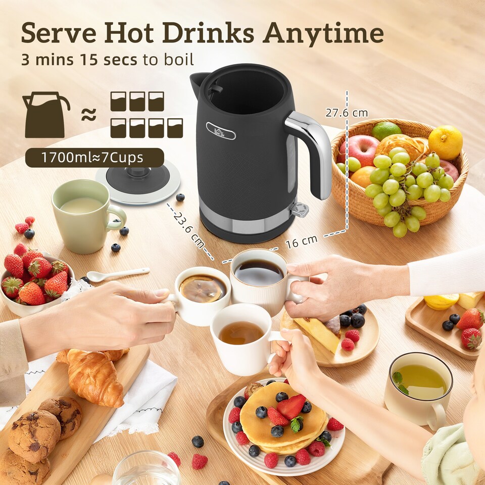 image 1 of HOMCOM Kettle and Toaster Set, 1.7L 3000W Rapid Boil Jug Kettle with Otter Thermostat, Limescale Filter, 2 Slice Toaster with 7 Browning Controls, Crumb Tray, Black | Black
