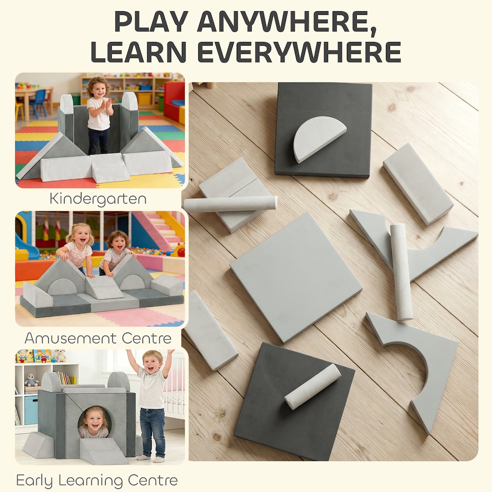 image 1 of AIYAPLAY Kids Play Sofa, 12 Pieces Foam Modular Convertible Sofa | Grey | Light Grey | 130 x 105 x 41 cm