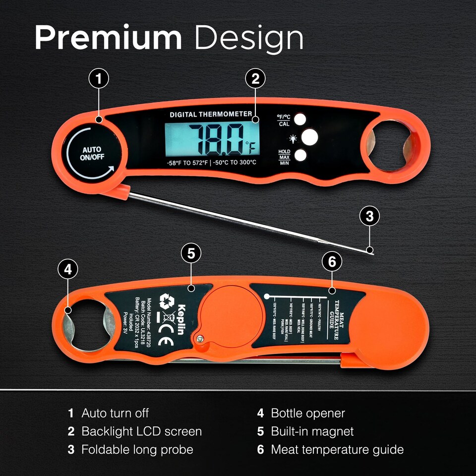 image 1 of Keplin Cook Digital Meat Thermometer Instant Read Foldable Probe Backlit LCD