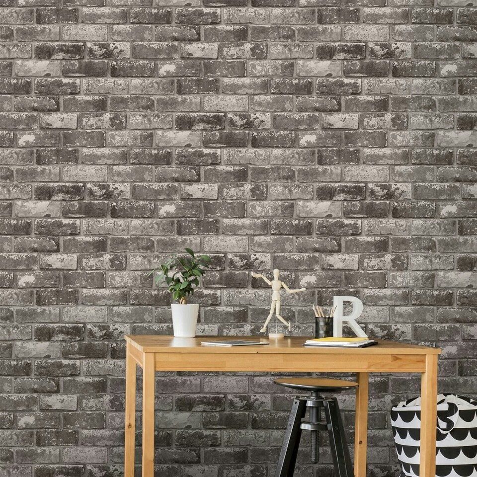image 1 of Grandeco Brick Effect Vinyl Wallpaper - Slate Grey - One Size Grey