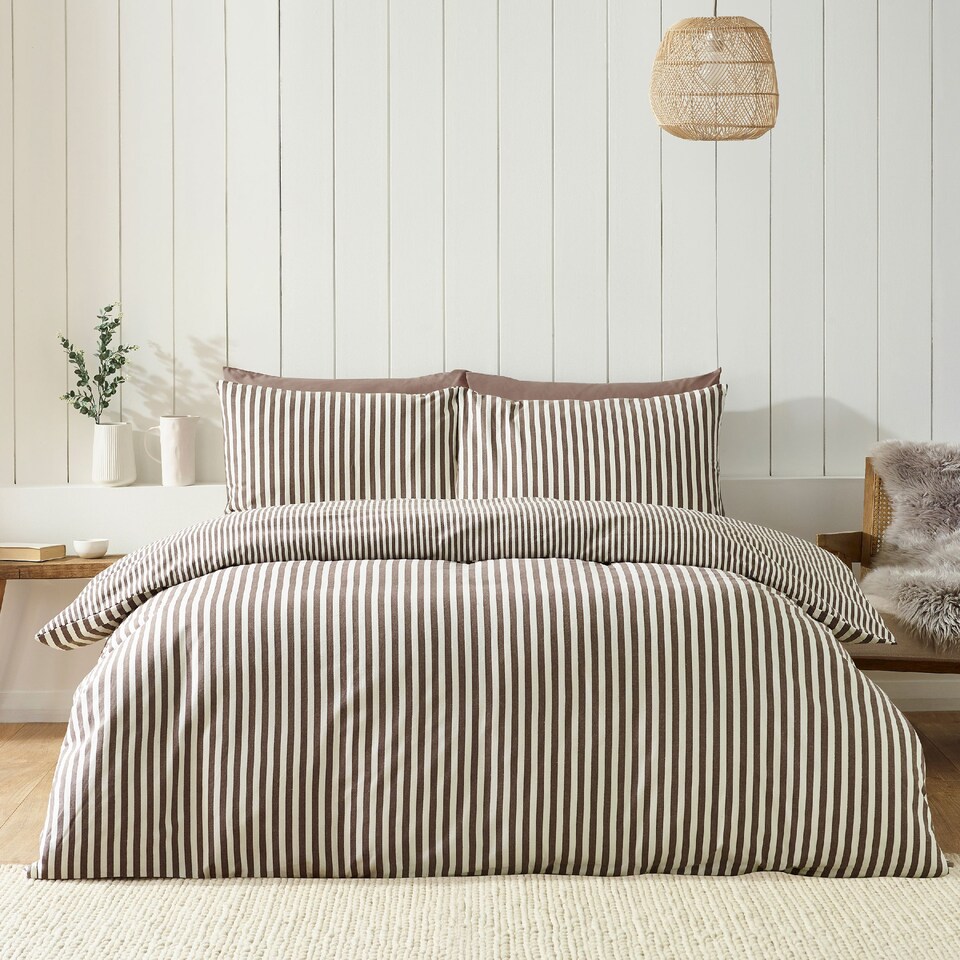 image 1 of Catherine Lansfield Brushed Stripe Cotton Reversible Duvet Cover Set