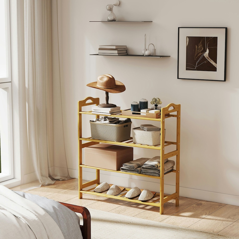 image 1 of HOMCOM 4-Tier Shoe Rack, Bamboo Shoe Shelf Stand, Natural Wood Finish Brown
