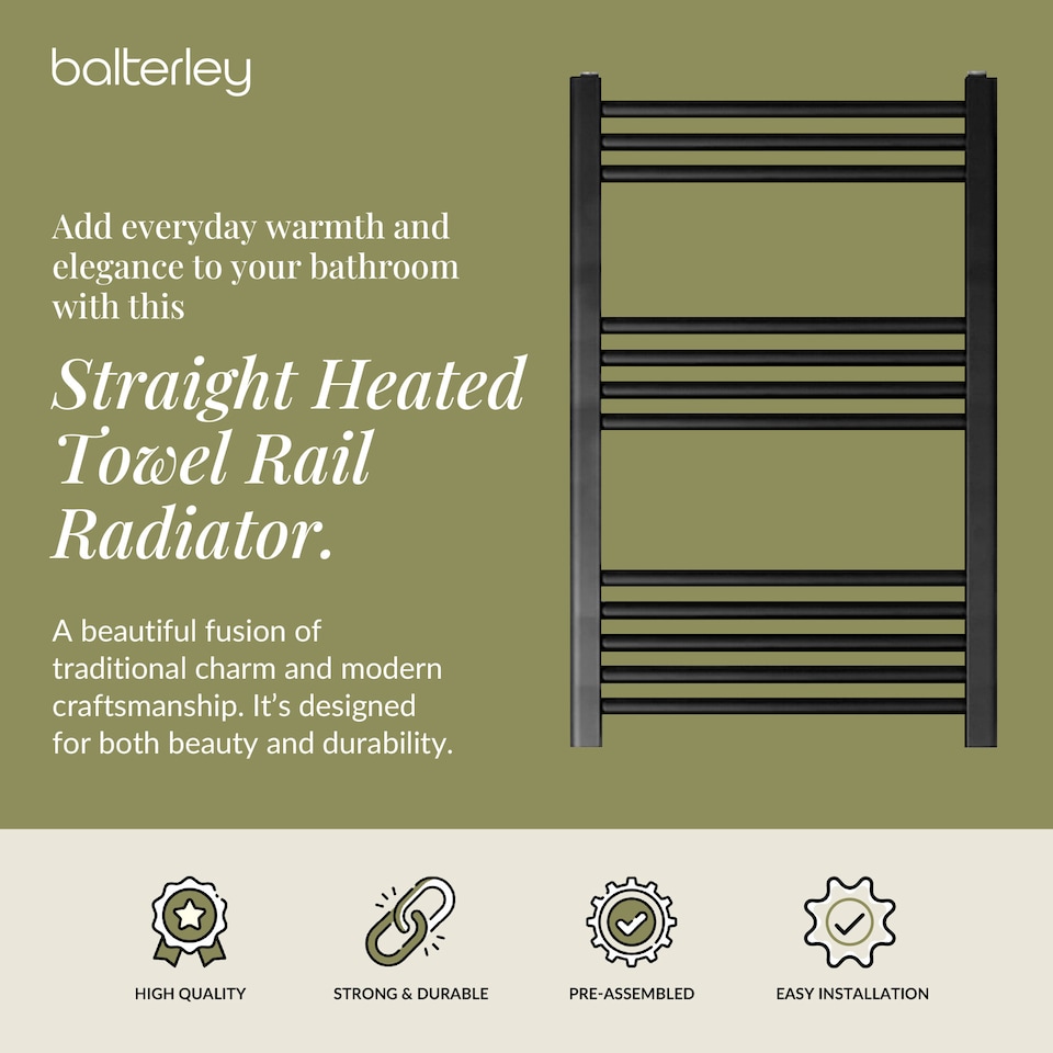 image 1 of Balterley Straight Heated Heated Towel Rail Radiator, 542W | Black | Matt Black