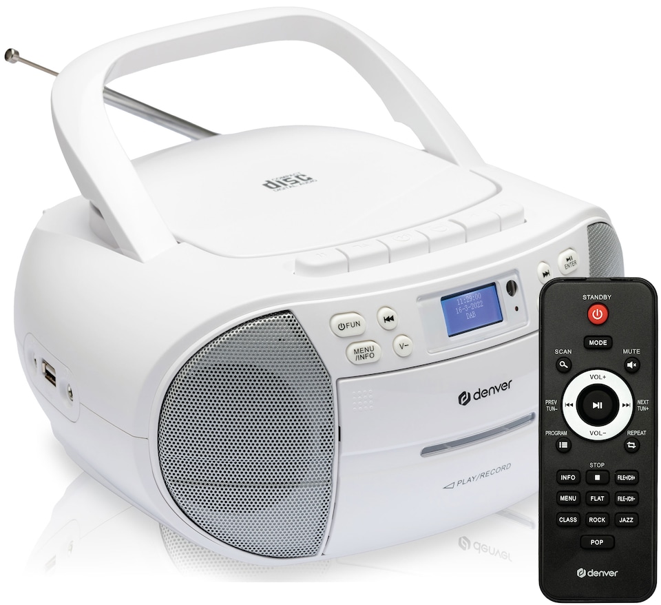 image 1 of Denver Portable Radio CD Tape Cassette Player With DAB Radio – Mains or Battery Power - TDC-280 | White