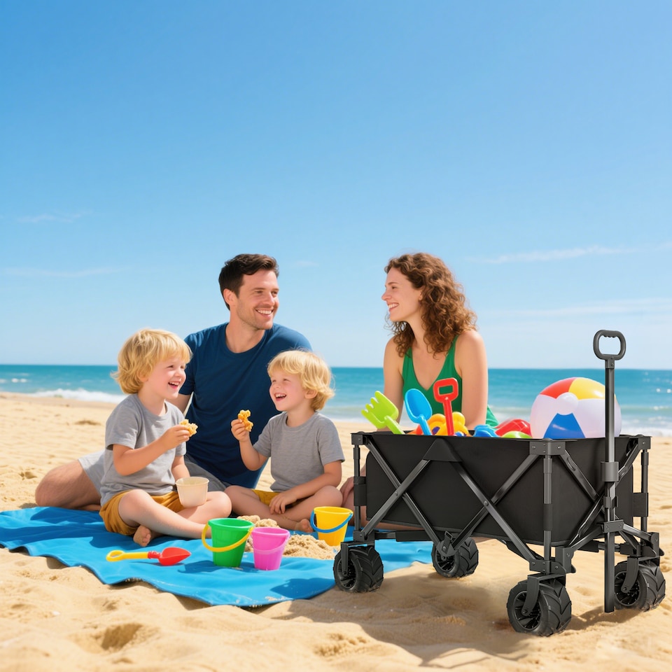 image 1 of Outsunny Outdoor Pull Along Garden Trolley on Wheels Folding Beach Cart Black