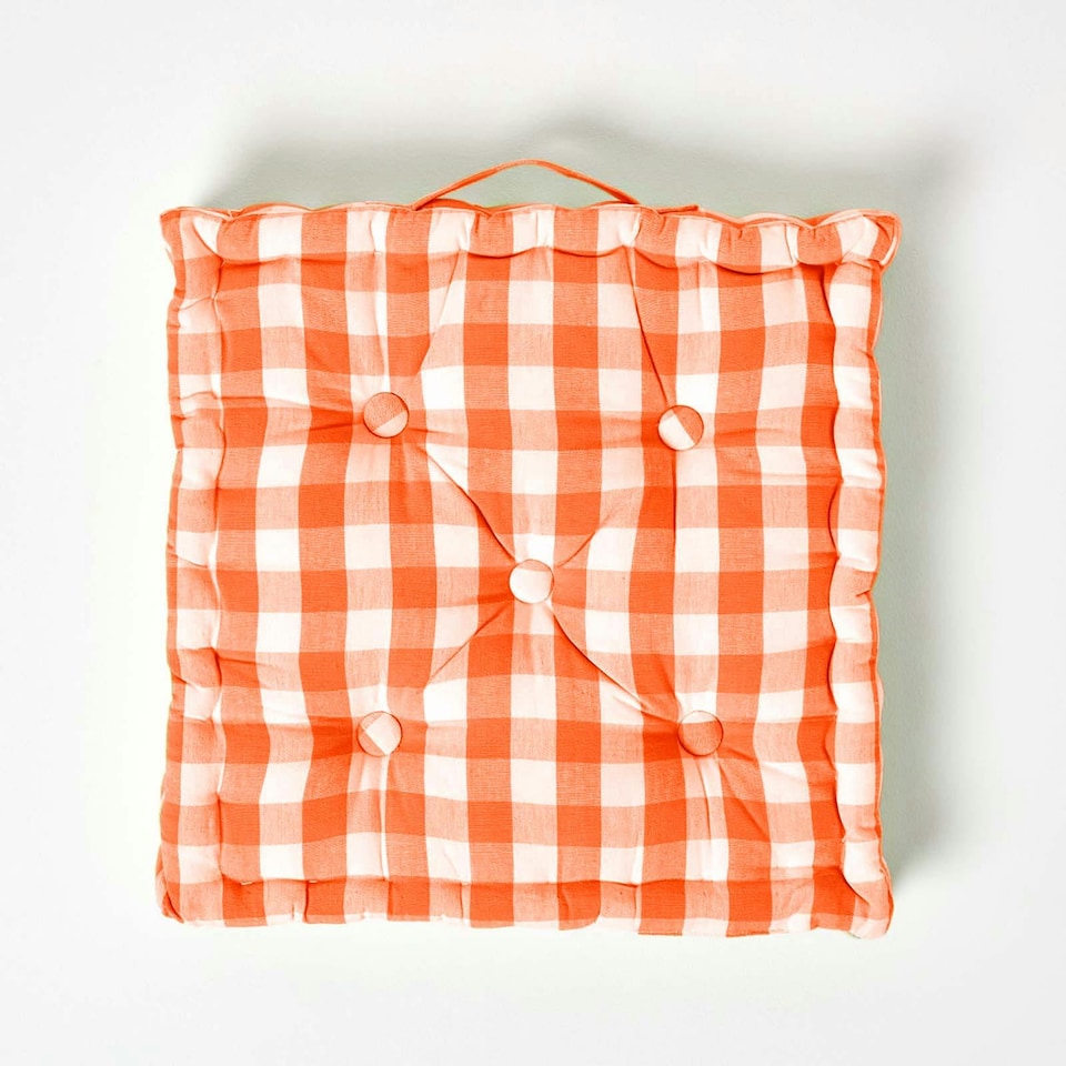 image 1 of Homescapes Orange Block Check Cotton Gingham Floor Cushion - 50 x 50 cm | Orange | 50 x 50 cm