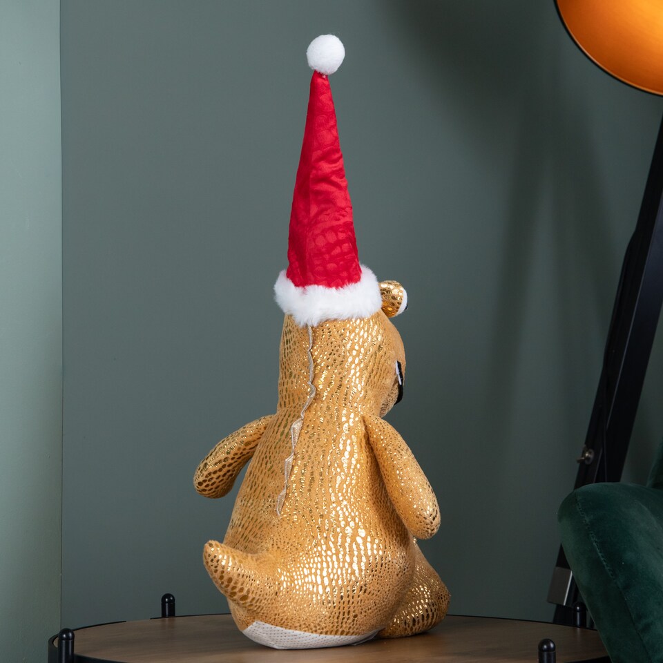 image 1 of 60cm Tall Gold Plush Zilla Dino Sitting Christmas Decoration with Santa Hat