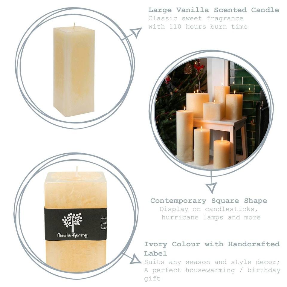image 1 of Nicola Spring Square Vanilla Pillar Candles - 110 Hours - Cream - Pack of 3