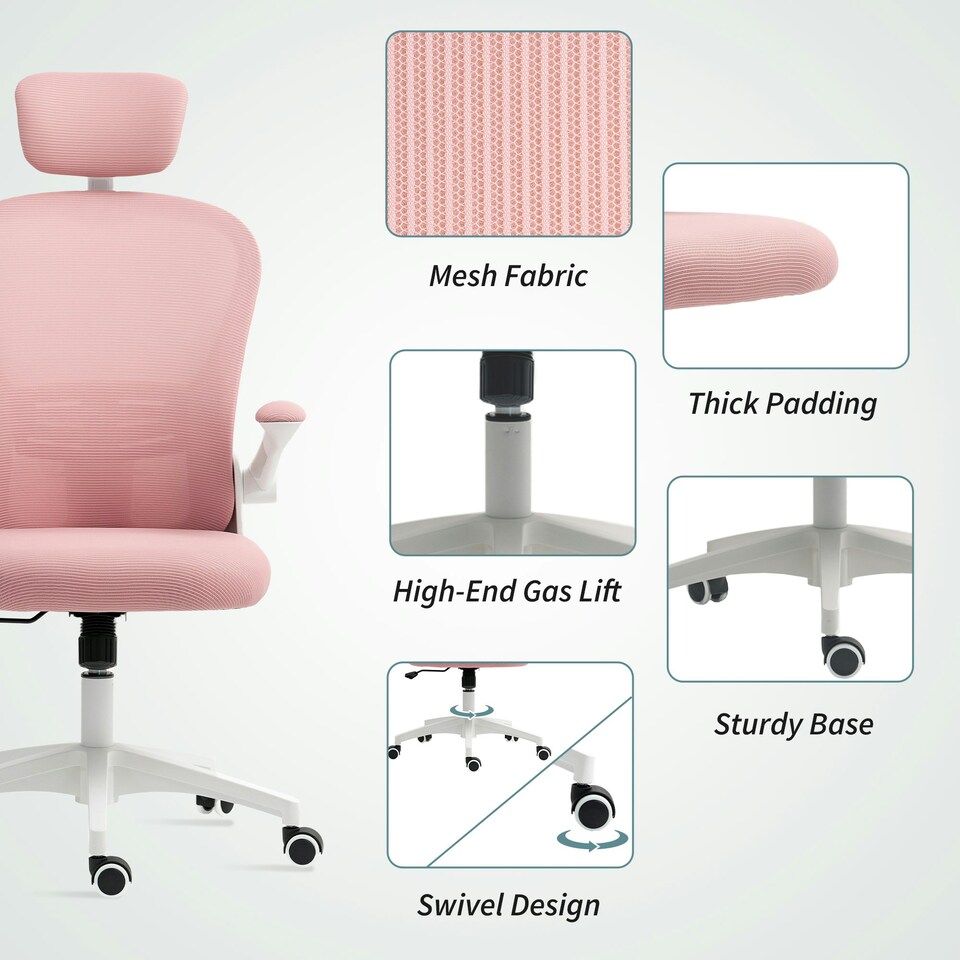 image 1 of Vinsetto Mesh Chair with Headrest, 4D Lumbar Support, Flip-up Arm, Pink | Pink | White | One Size